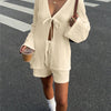 Textured V-Neck Tie Front Long Sleeve Top and Shorts Set in Cream Front View For Women | Littlebox India