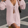 Textured V-Neck Tie Front Long Sleeve Top and Shorts Set in Pink Front View For Women | Littlebox India