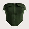 stylish beige corset with a front zipper, featuring a textured design in olive green