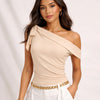 Tie-Up One Shoulder Asymmetric Ruched Sleeveless Cami Top in Beige On Model for Women | Littlebox India