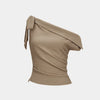 Tie-Up One Shoulder Asymmetric Ruched Sleeveless Cami Top in Brown Front View for Women | Littlebox India