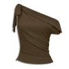 Tie-Up One Shoulder Asymmetrical Ruched Sleeveless Cami Top in Chocolate Brown Front View for Women | Littlebox India