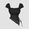 Front view of black sleeveless top with square neck, tie front detail and asymmetrical hem, stylish womens black sleeveless top.