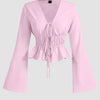 Tie Front Long Sleeve Ruffle Hem Top in Pink Front View For Women | Littlebox India