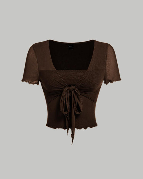 Tie Front Square Neck Crop Top In Brown Front View for Women | Littlebox India