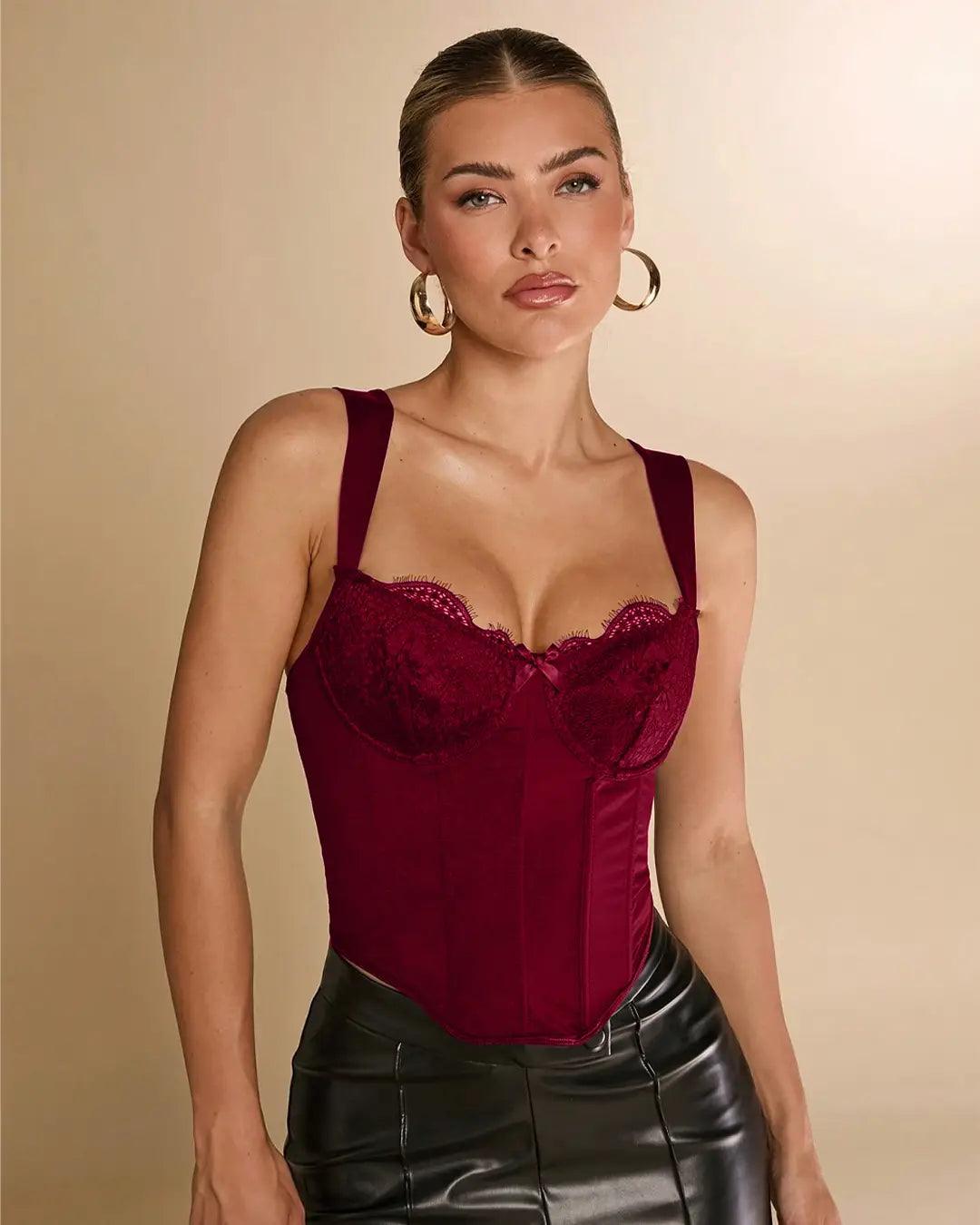 Tight Patchwork Floral Lace Halter Corset Top In Redberry