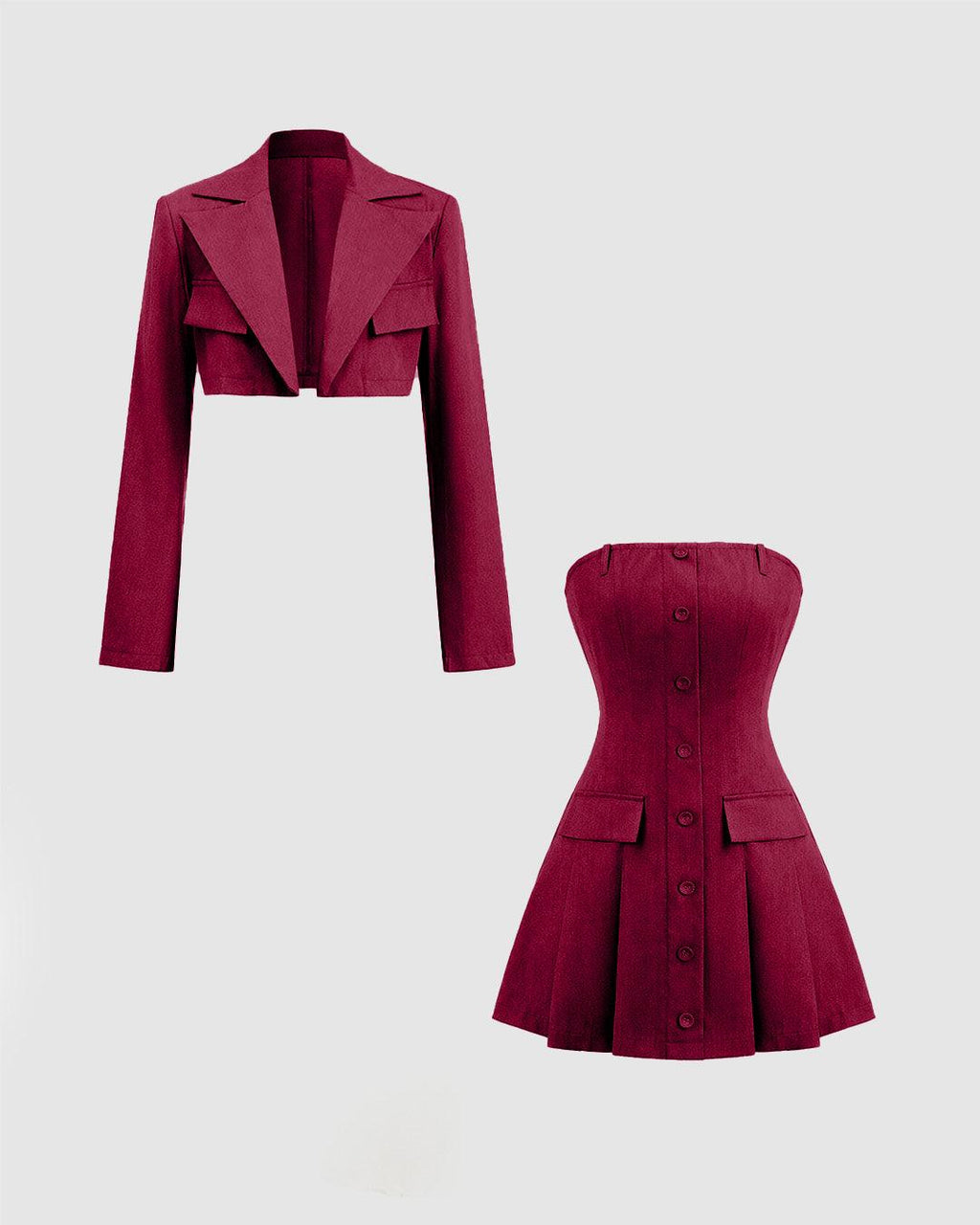Turndown Collar Blazer Bustier Two Piece Dress In Burgundy