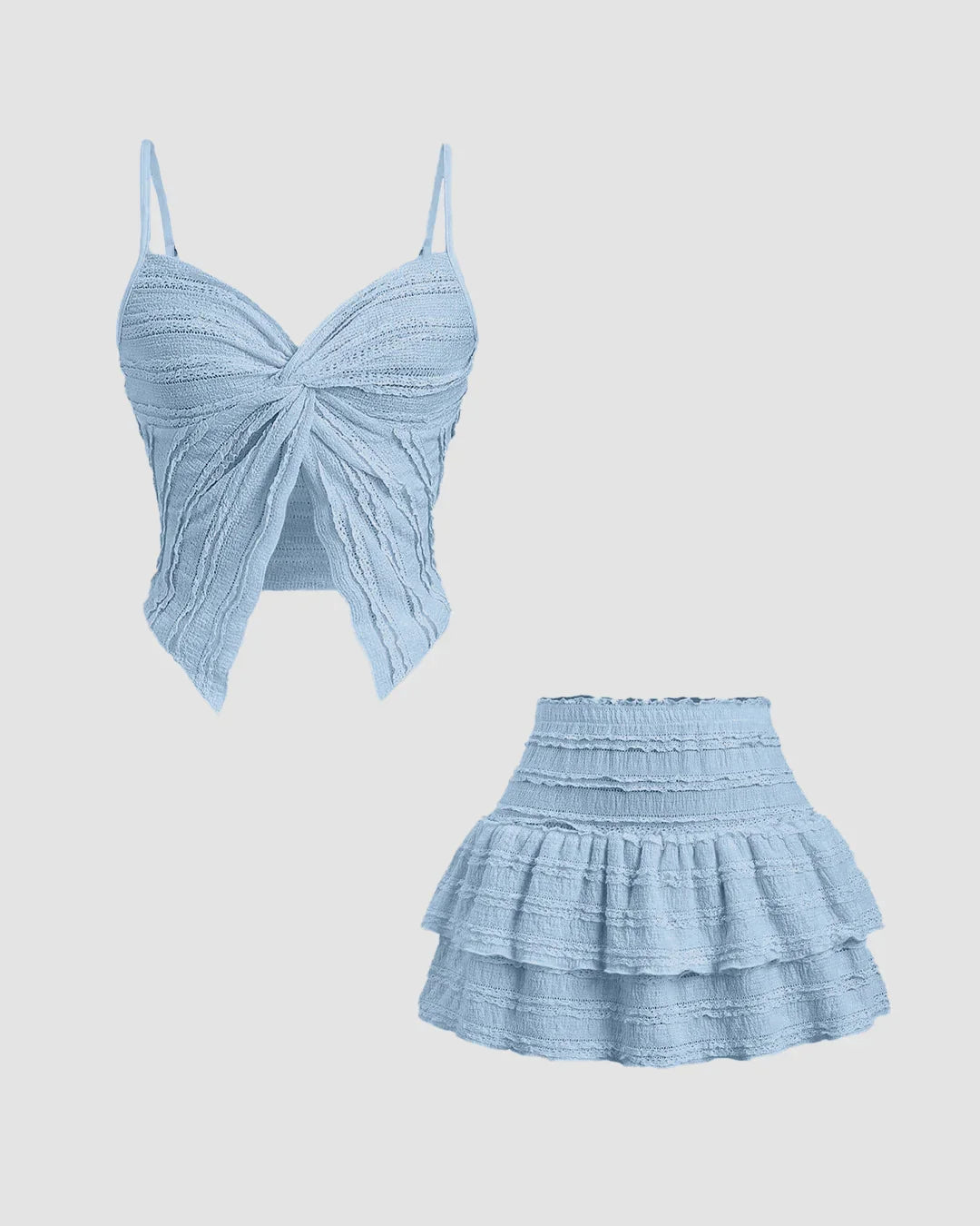 Twist Front Crop Top Tiered Mini Skirt Co-Ord Set in Dusty Blue