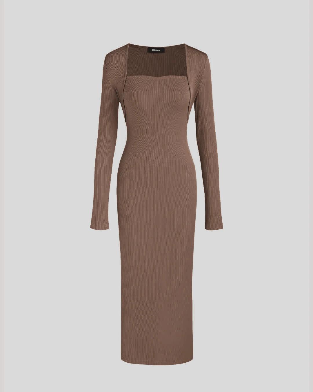 XS Two Piece Elegant Bodycon Dress With Shrug In Brown