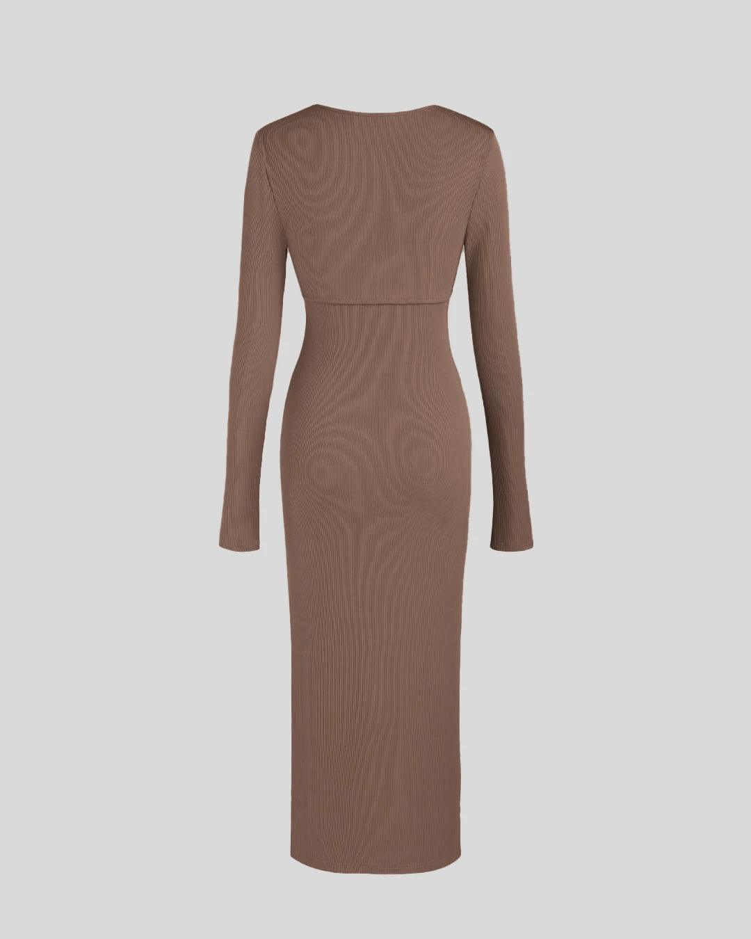 Two Piece Elegant Bodycon Dress With Shrug In Brown