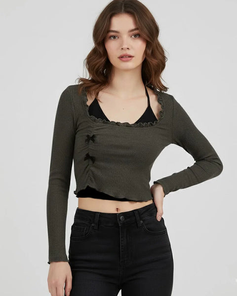 Women Wearing Grey two in one crop top with bow knot detail, full sleeves and layered neckline, featuring a fitted silhouette