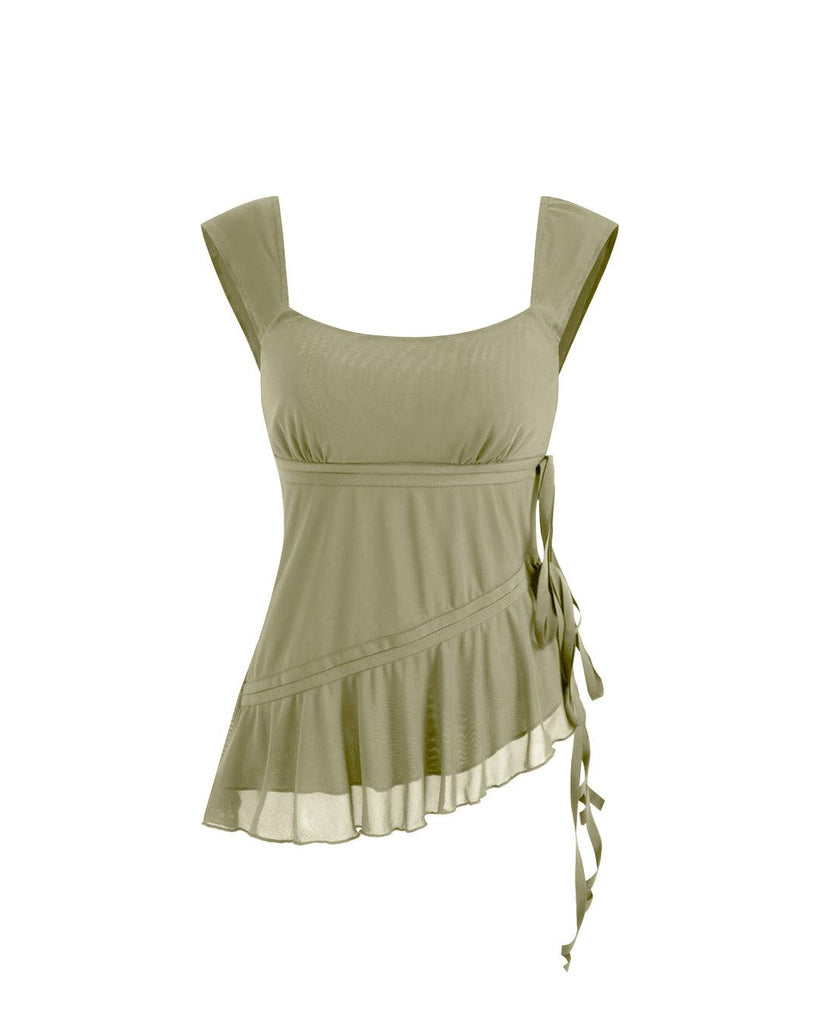 Green U-neck tank top with asymmetrical ruffle trim and knotted detail, featuring stylish ruffled sleeves.