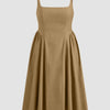 U-neckline Ruched Ruffle Hem Maxi Cami Dress in Mud Curve & Plus Front View for Women | Littlebox India