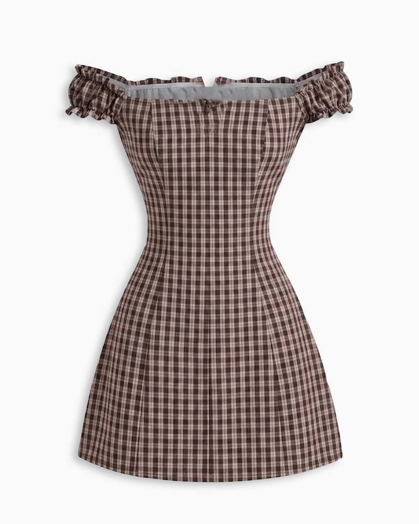 Plaid Off Shoulder Fit and Flare Mini Dress In Brown- Littlebox India