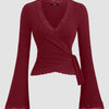 V-Neck Bell Sleeve Lace Trim Side Knot Top in Maroon Front View for Women | Littlebox India