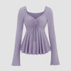 V-neck drawstring long-sleeve top in lavender with a ruched front and flared hem, crafted from ribbed fabric 