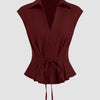 V-Neck Ruched Ruffled Tie Front Top in Maroon Front View for Women | Littlebox India