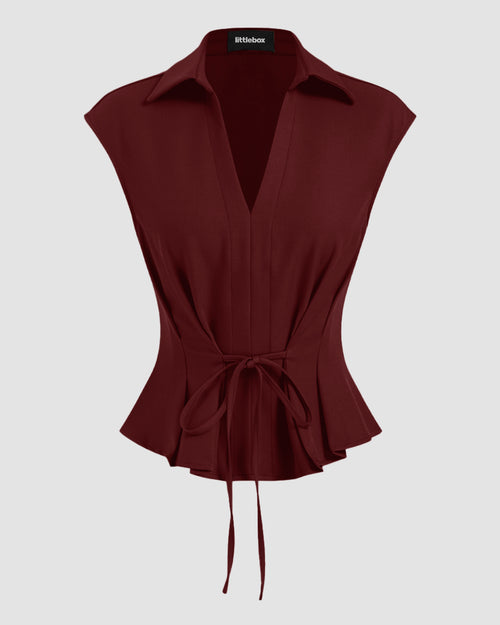 V-Neck Ruched Ruffled Tie Front Top in Maroon Front View for Women | Littlebox India