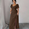 V-Neck Ruffle Sleeve Wrap Pleated Slit Dress Curve & Plus in Coco Brown Front View for Women | Littlebox India