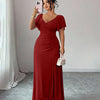 V-Neck Ruffle Sleeve Wrap Pleated Slit Dress Curve & Plus in Dark Red Front View for Women | Littlebox India