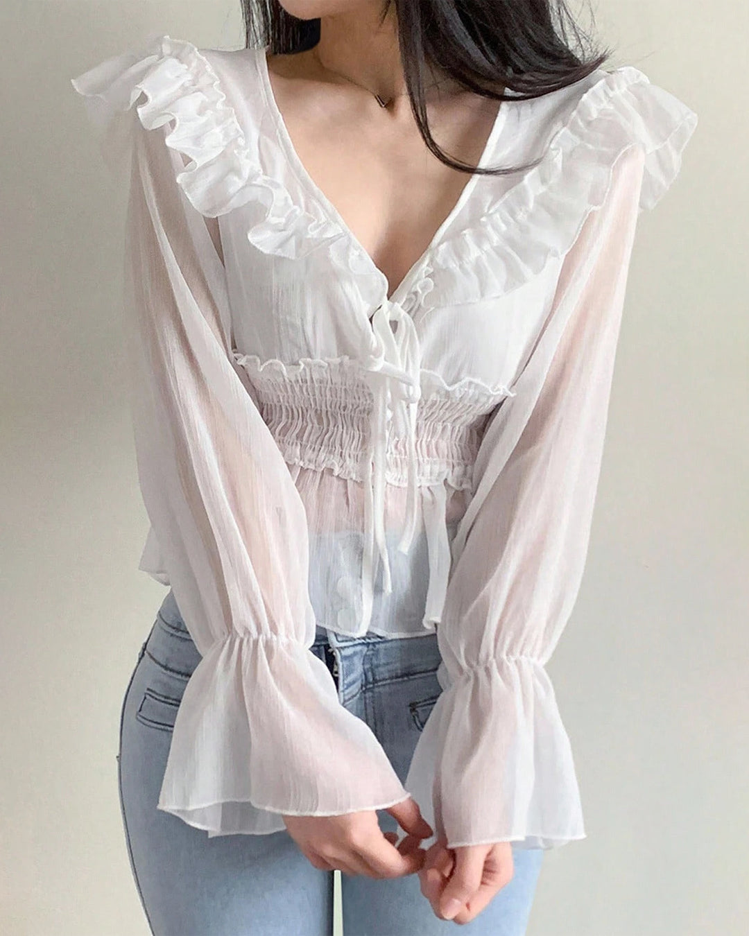 V-Neck Ruffle Trim Flared Cuff Full Sleeve Top in White- Littlebox