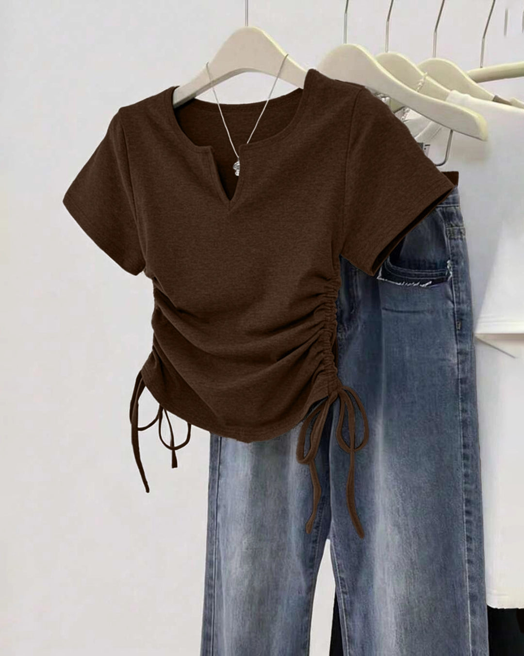 XS V-Neck Short Sleeve Drawstring Casual Top Xpresso Brown