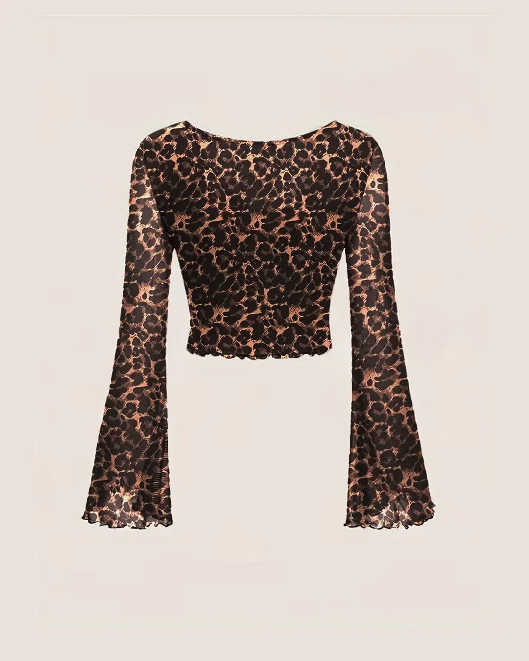Nyroka V-Neck Slim Fit Leopard Print Bell Sleeve Crop Top — crop top — view 3