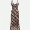 Front view of Brown plaid sleeveless maxi dress with V-neckline, slim fit silhouette and subtle flared hem