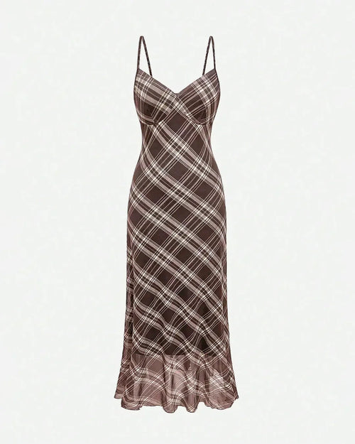 Front view of Brown plaid sleeveless maxi dress with V-neckline, slim fit silhouette and subtle flared hem
