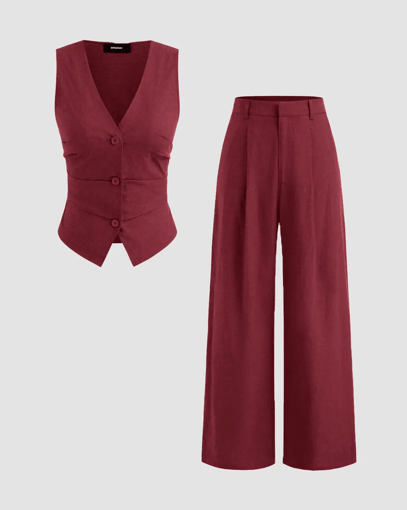 Women's burgundy V-neck vest top paired with mid-rise pocket wide leg trousers, showcasing a stylish and comfortable outfit.