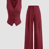 V-Neck Solid Button Vest & Mid Rise Pocket Wide Leg Trousers In Crimson Red Front View For Women | Littlebox India