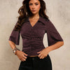 V-Neck Striped Flared Ruched Top in Wine Red Front View for Women | Littlebox India