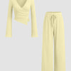 V-neck Bell Sleeve Ruched Asymmetrical Top & Straight Leg Trousers in French Vanilla Front View For Women | Littlebox India