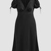 V-neck Lace Puff Sleeve Knotted Maxi Dress Curve & Plus in Black Front View for Women | Littlebox India