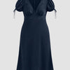 V-neck Lace Puff Sleeve Knotted Maxi Dress Curve & Plus in Navy Blue Front View for Women | Littlebox India