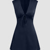 V-neck Ruched Knotted Tie Back Mini Dress in Navy Blue Front View for Women | Littlebox India