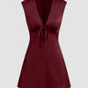 V-neck Ruched Knotted Tie Back Mini Dress in Red Front View for Women | Littlebox India