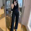 V-neck Solid Button Vest & Mid Rise Pocket Wide Leg Trousers In Black On Model For Women | Littlebox India