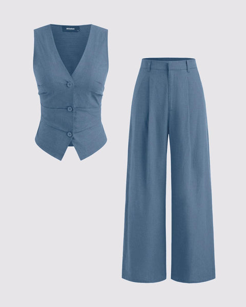 Front view of Top and Trouser Set featuring a blue V-neck button vest paired with mid-rise pocket wide-leg trousers.
