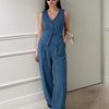 V-neck Solid Button Vest & Mid Rise Pocket Wide Leg Trousers In Blue On Model For Women | Littlebox India