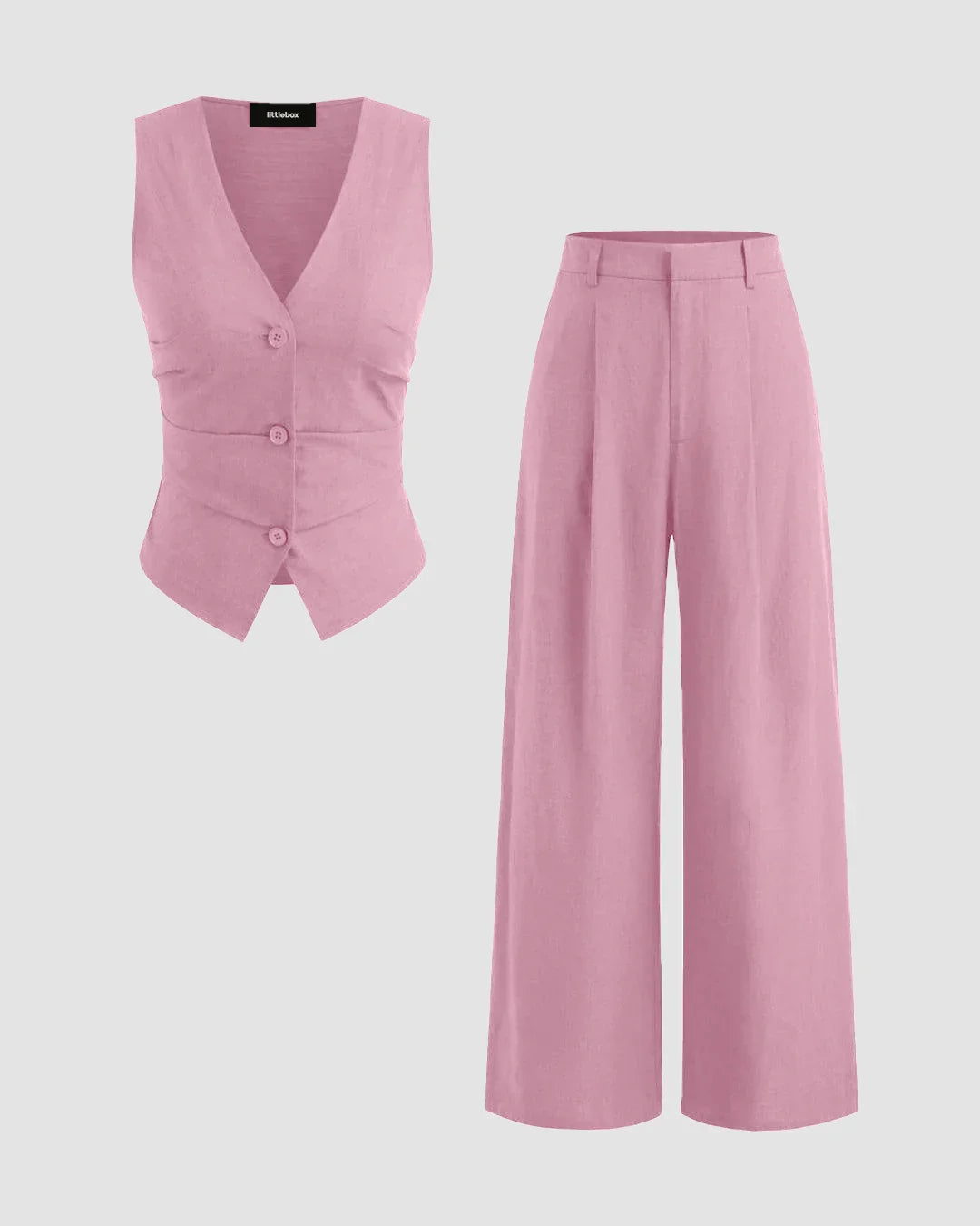 V-neck Solid Button Vest Mid Rise Pocket Wide Leg Trousers In Dark Pink