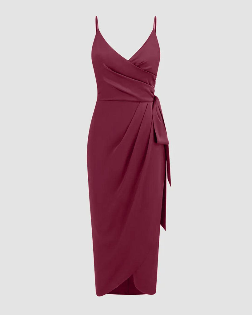 rose red V-neck wrap maxi dress featuring a stylish knotted design