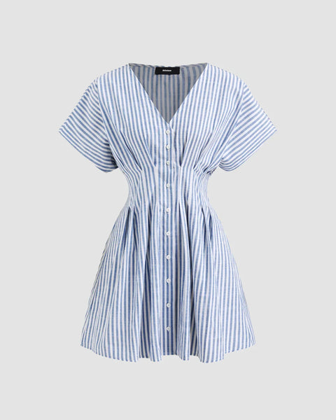 V Neck Flared Button Down Mini Dress in Blue and White Front View for Women | Littlebox India