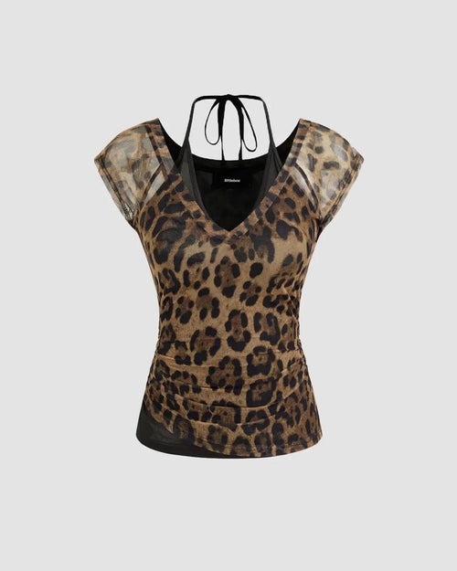 Women's V-neck halter tee featuring a stylish leopard print design with short sleeves