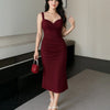 V Neck Ruched Bodycon Fit Midi Dress in in Burgundy On Model for Women | Littlebox India