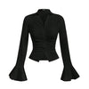 Front view of Black top with bell sleeves featuring a ruched button front and flounce design.