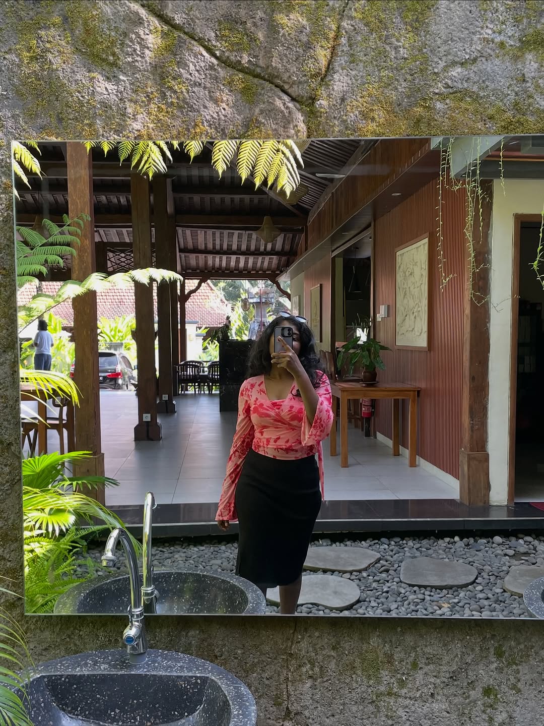 Customer photo 1 of V Neck Tie-Up Bell Sleeve Floral Crop Top in Pink