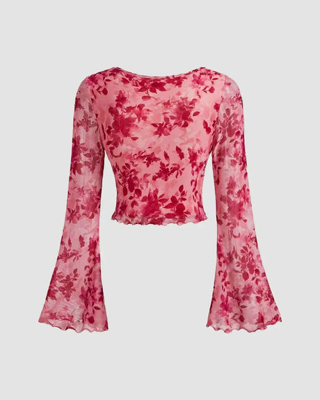 Nyroka V Neck Tie-Up Bell Sleeve Floral Crop Top in Pink — crop top — view 3