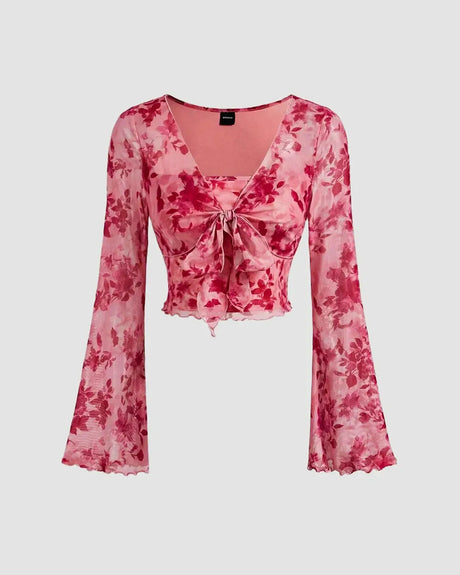 Nyroka V Neck Tie-Up Bell Sleeve Floral Crop Top in Pink — crop top
