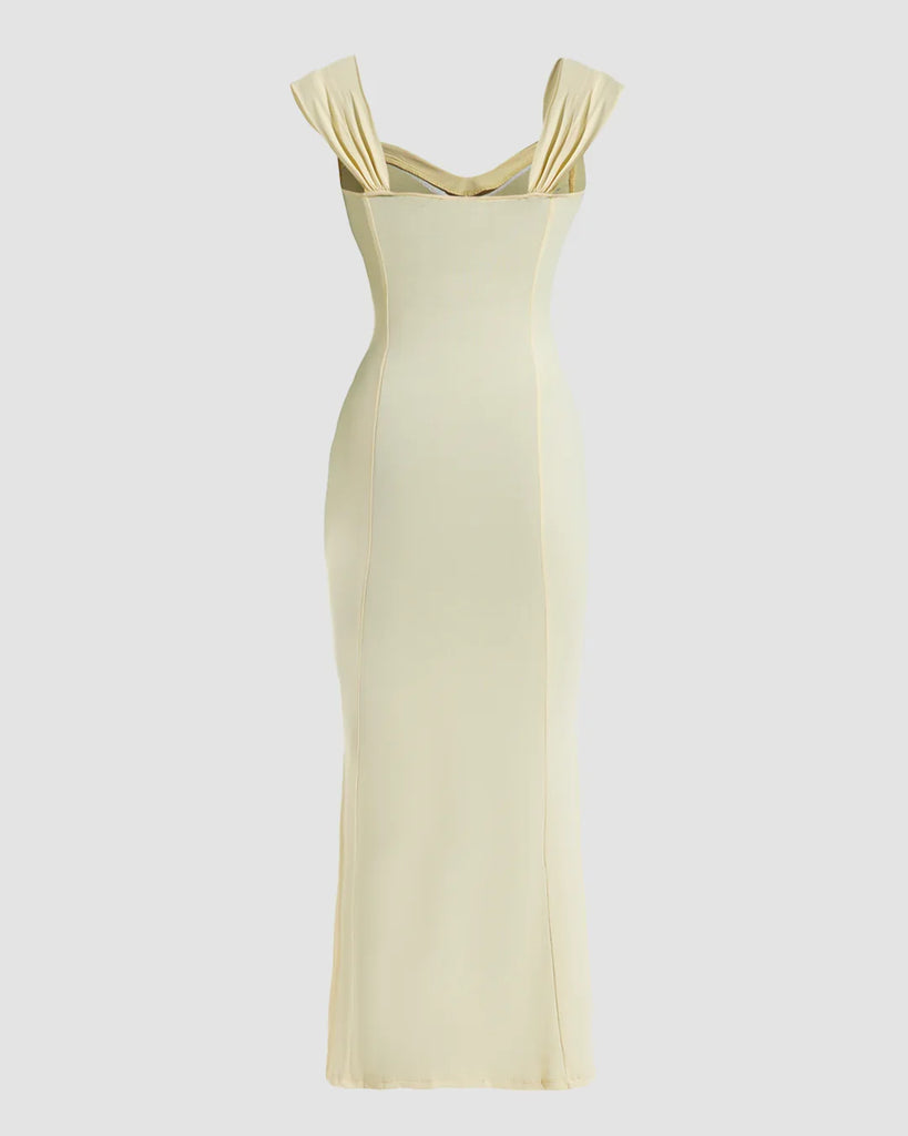 Back view of a vanilla sleeveless bodycon maxi dress made from a vibrant yellow fabric, showcasing a fitted silhouette.
